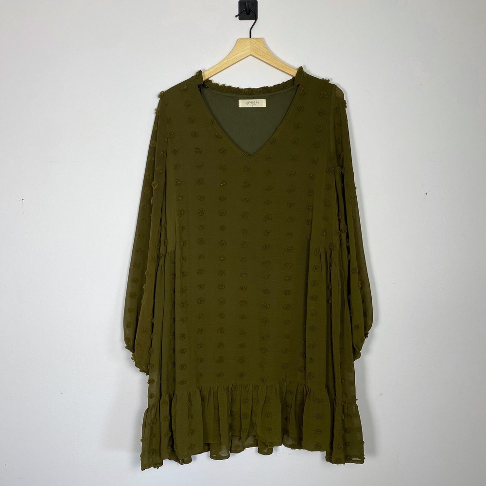 A Beautiful Soul Altard State Green Pom Dot Ruffle Mini Dress Long Sleeve X 1X